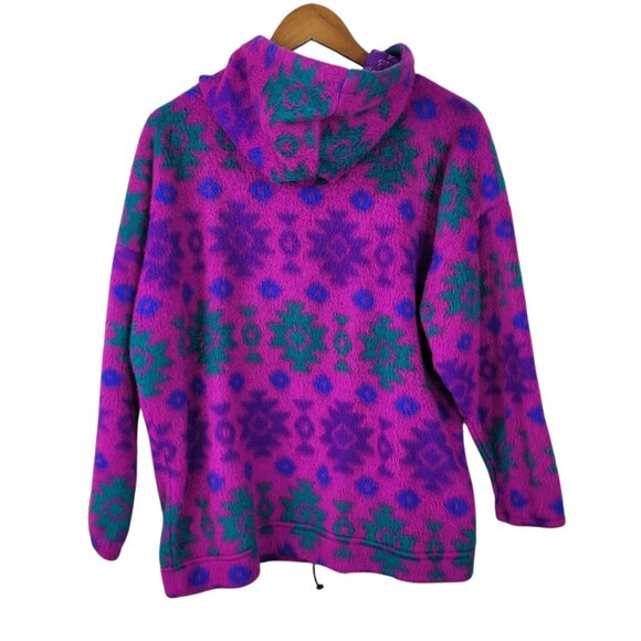 Vintage 90s Fleece Teddy Jacket Coat Small Aztec Southwest Pullover Hooded Pink - Picture 4 of 6